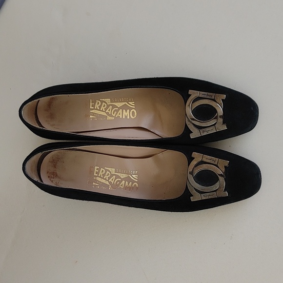 FERRAGAMO black suede slip on kitten heels logo 7 AA - Picture 7 of 15